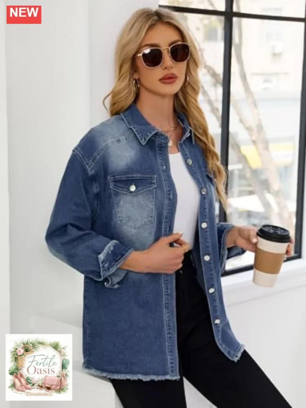 Women's Oversized Button Down Denim Jacket Shacket Long Sleeve Cotton Blend